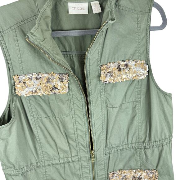 Chico's 100% Cotton Sage Green Gold Sequin Full Zip Military Utility Vest Size L - Picture 3 of 8
